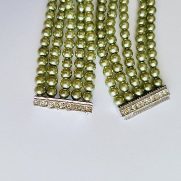 Multi Strand Glass Pearl Bracelet Rhinestone Slider Clasp Light Olive Green 7.5" - Picture 3 of 4
